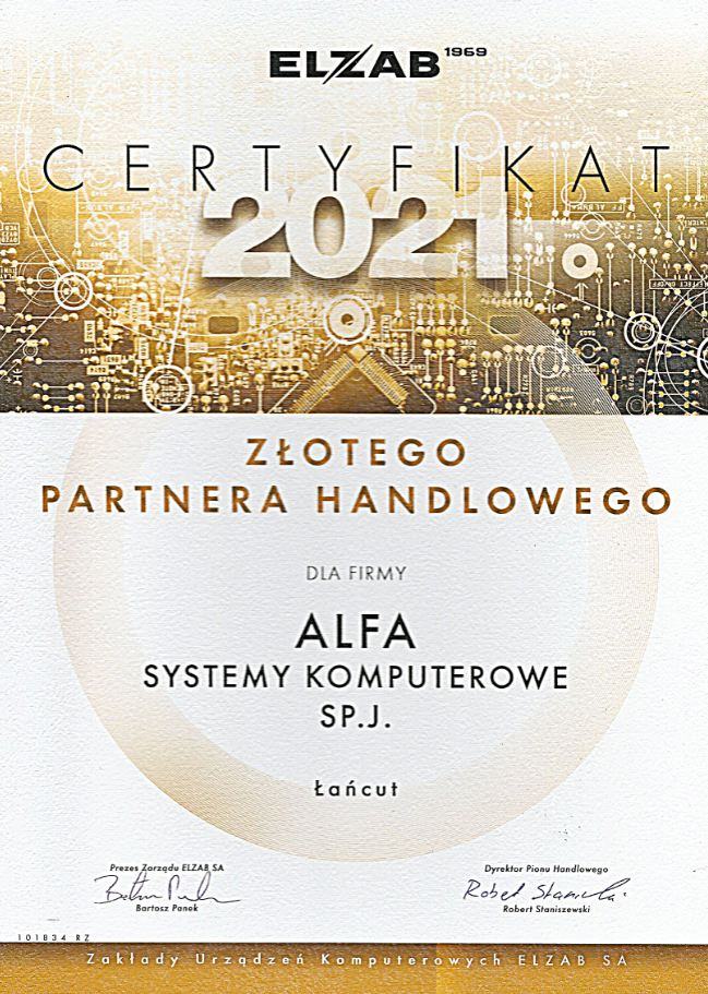 Certyfikat dla firmy ALFA od Elzab