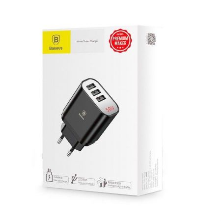 Ładowarka sieciowa z wyświetlaczem Baseus Mirror Travel 3x USB - czarna zdjęcie 2
