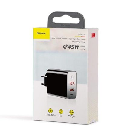 Szybka ładowarka sieciowa USB + USB-C Baseus PD + QC 3.0 45W (czarna) zdjęcie 2