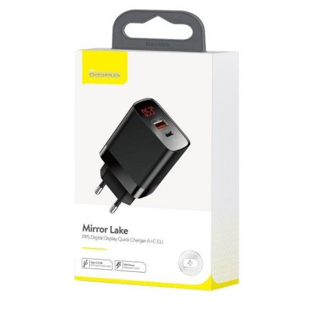 Ładowarka sieciowa Baseus Mirror Lake z wyświetlaczem, USB + USB-C, QC 3.0, PD 18W (czarna) zdjęcie 2