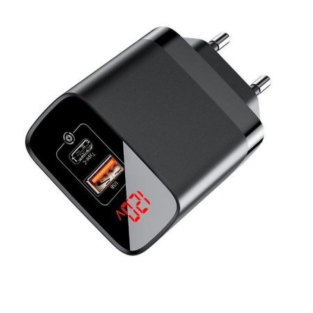 Ładowarka sieciowa Baseus Mirror Lake z wyświetlaczem, USB + USB-C, QC 3.0, PD 18W (czarna) zdjęcie 3