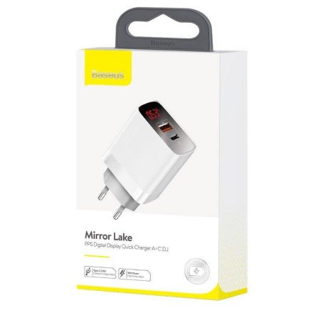 Ładowarka sieciowa Baseus Mirror Lake z wyświetlaczem, USB + USB-C, QC 3.0, PD 18W (biała) zdjęcie 2