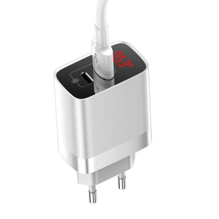 Ładowarka sieciowa Baseus Mirror Lake z wyświetlaczem, USB + USB-C, QC 3.0, PD 18W (biała) zdjęcie 3
