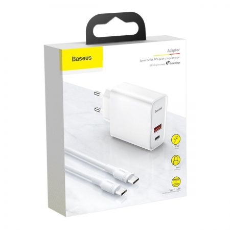 Ładowarka sieciowa USB+USB-C Baseus 30W + kabel Baseus USB-C do USB-C 1m (biała) zdjęcie 2