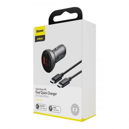 Ładowarka samochodowa Baseus Digital Display + kabel USB-C, USB + USB-C, QC3.0, PPS, PD, 45W, 3A (cz zdjęcie 2