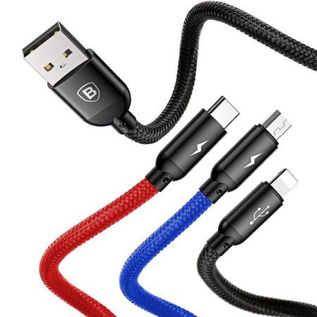Kabel USB Baseus 3w1 USB-C / Lightning / Micro 3,5A 0,3m (czarny) zdjęcie 2