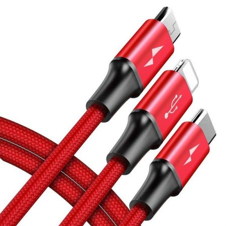 Kabel USB Baseus Rapid 3w1 Typ C / Lightning / Micro 3A 1,2M - czerwony zdjęcie 2