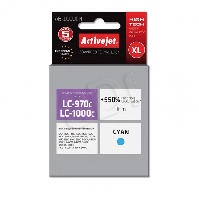 Tusz Activejet AB-1000CN (Brother LC1000C/970C) supreme 36ml cyan