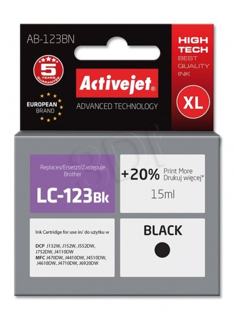 Tusz Activejet AB-123BN (Brother LC123BK/121BK) supreme 15ml czarny