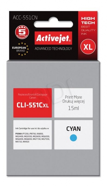 Tusz Activejet ACC-551CN (Canon CLI-551C) supreme 15ml cyan Chip