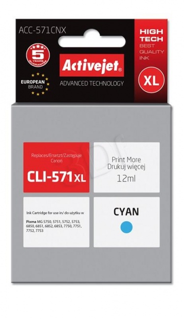 Tusz Activejet ACC-571CNX (Canon CLI-571C XL) supreme 12ml cyan Chip