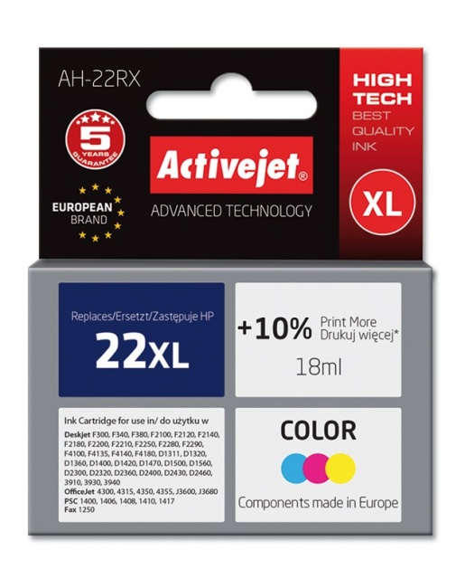 Tusz Activejet AH-22RX (Hewlett Packard HP 22XL C9352A) premium 18ml trójkolorowy