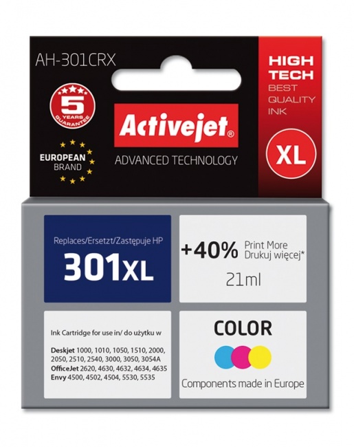 Tusz Activejet AH-301CRX (Hewlett Packard HP 301XL CH564EE) premium 21ml tr