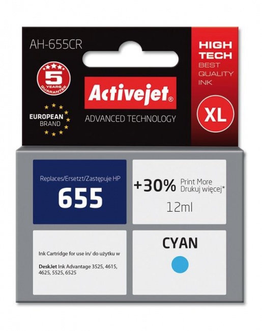 Tusz Activejet AH-655CR (Hewlett Packard HP 655 CZ110AE) premium 12ml cyan Chip