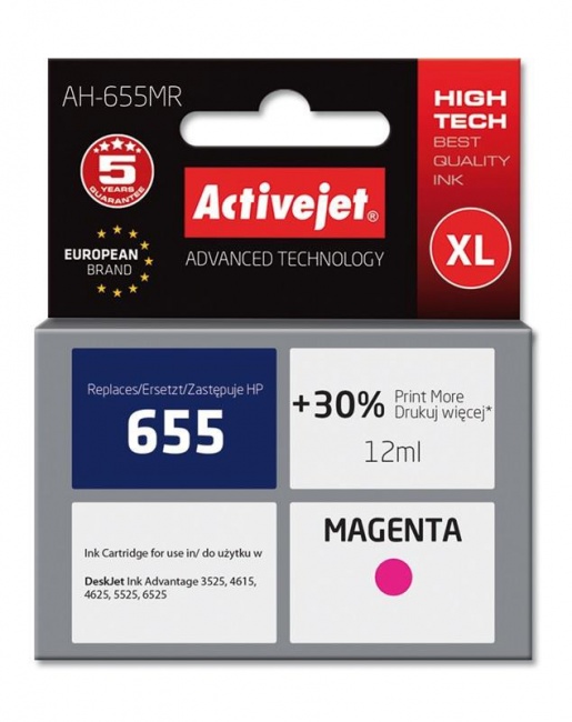 Tusz Activejet AH-655MR (Hewlett Packard HP 655 CZ111AE) premium 12ml magenta Chip