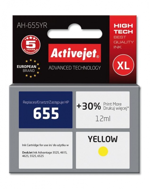 Tusz Activejet AH-655YR (Hewlett Packard HP 655 CZ112AE) premium 12ml yellow Chip