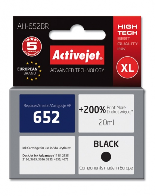Tusz Activejet AH-652BR (Hewlett Packard HP 652 F6V25AE) premium 20ml czarny
