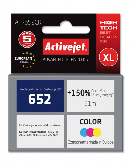 Tusz Activejet AH-652CR (Hewlett Packard HP 652 F6V24AE) premium 21ml tr